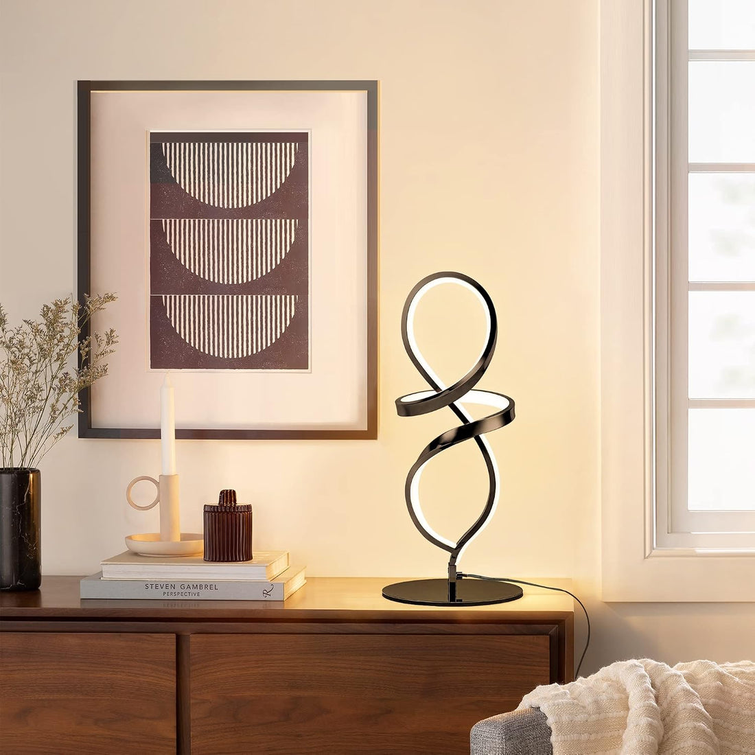 Modern LED Spiral Table Lamp – 12W Black Dimmable Nightstand Lamp with Touch Control